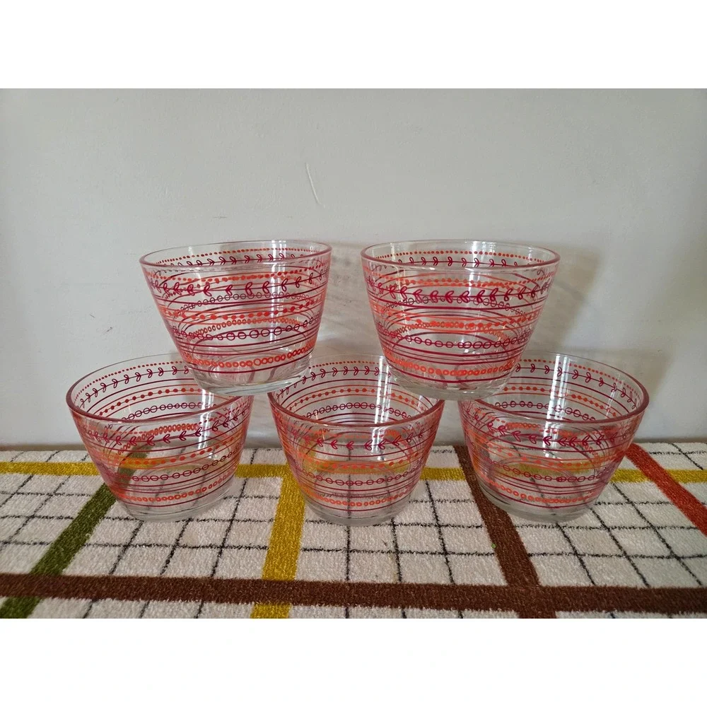 IKEA Glass Bowls Set of 5 Red Orange Pattern Made in France Small Stackable 4.5